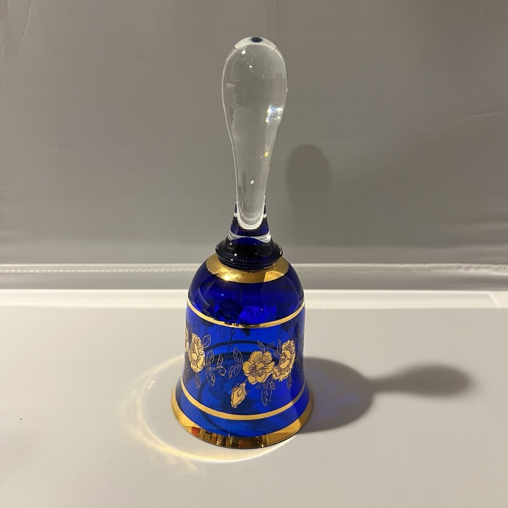 Vintage Crystal Art Glass Bell Cobalt Blue Gilded Gold Bohemian Czechoslovakia